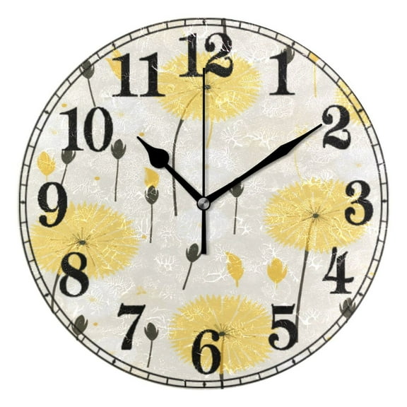Yellow Dandelion 10" Silent Wall Clock Non-Ticking Battery Clocks