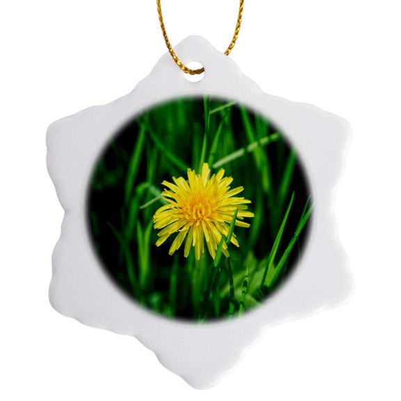 3drose, Yellow Dandelion Flower, Green Grass, 3 inch Snowflake Porcelain Ornament