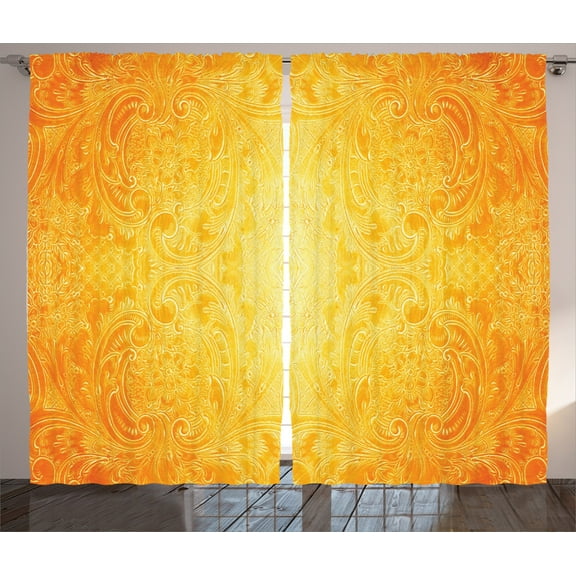 Ambesonne Orange Curtains 2 Panel Set, Antique Floral Ornament, 108" x 84", Marigold