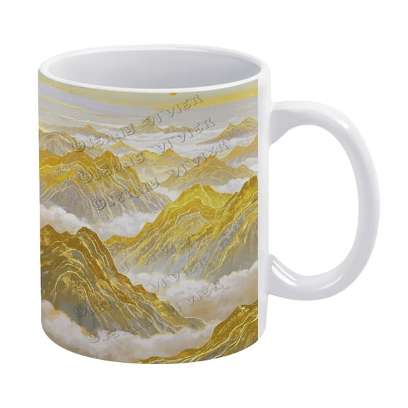 Yellow Decor Mountain Themed 11 oz Ceramic Coffee Mug - Ceramic Cup Black, 11 Oz