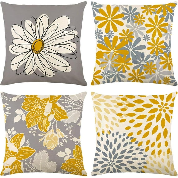 Yellow Decorative Throw Pillow Covers 20x20 Set of 4, Yellow and Gray Modern Daisy Floral Pillows Linen Pillow Covers for Couch Sofa Living Room