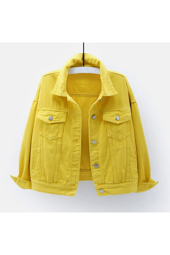 Yellow Denim Cover-Up Big & Tall Women's Denim Jackets, Womens Candy Color Denim Jacket Relaxed Fit Casual Jean Trucker Jacket