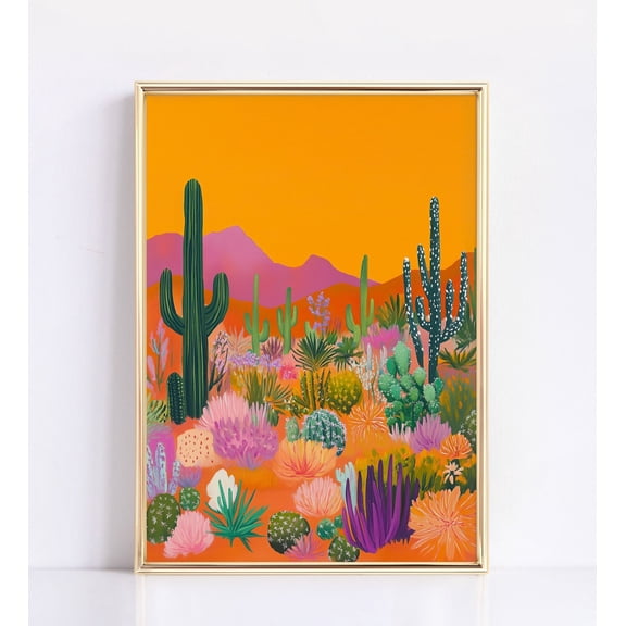 Yellow Desert Sunset Saguaro Cactus Century Plant Poster, Yucca Agave Western Wall Art Poster, Vintage Retro Midcentury Modern Decor, 8x12 UNFRAMED
