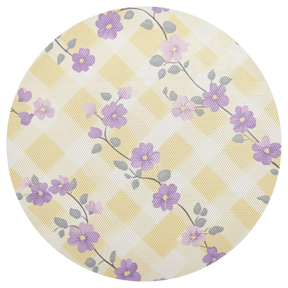 Yellow Diagonal Plaids Purple Flowers PVC Round Grid Placemat Table Mat 1 Pc 15.4" x 15.4"