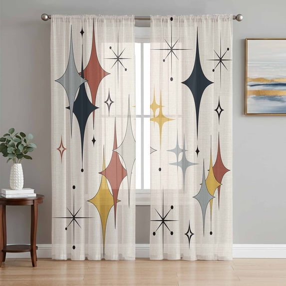 Yellow Diamond Sheer Curtains 72 Inch Length 2 Panels Set Window Treatments, Modern Geometric Middle Century Beige Rod Pocket Semi Curtains for Living Room/Bedroom/Kitchen Décor, 104"W x 72"L