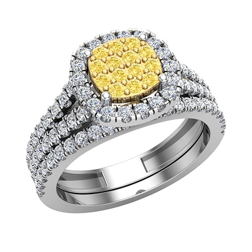 Yellow Diamond Wedding Ring Set for Women Cluster Diamond Halo Rings 14K White Gold 0.95 CT TW