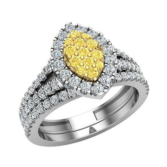 Yellow Diamond Wedding Ring Set for Women Cluster Diamond Marquise Halo Rings 14K White Gold 0.95CT TW