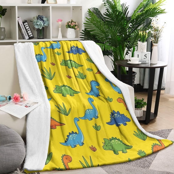 Yellow Dinosaur Plant Pattern Blanket,Comfortable Soft Lamb Wool Throw Blanket,All Season,Warm Lightweight Blankets for Sofa Bed Couch Living Room Chair,60"x80"