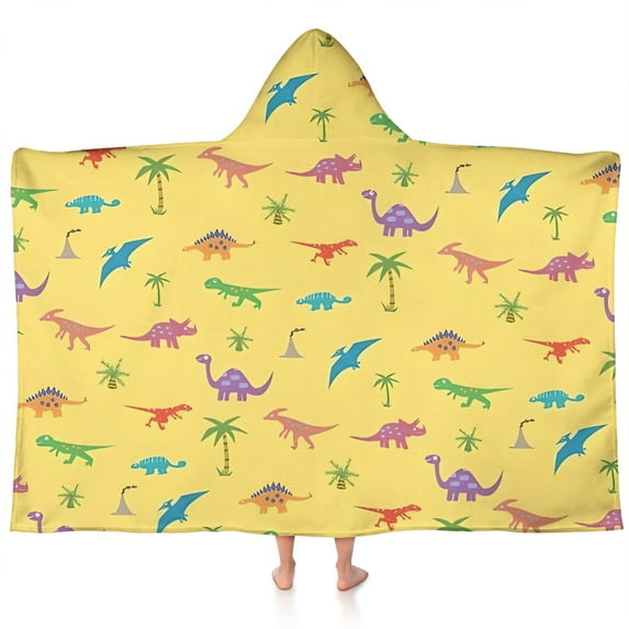 Yellow Dinosaurs Palms Pattern Hooded Bath Towel,60"x35" for Ages 3 To 12 Kids, Quick Dry Lightweight Soft Microfiber Hood Beach Towel Cover Up for Kids