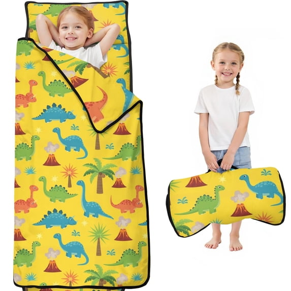 Yellow Dinosaurs Palms Pattern Teens Toddler Nap Mat with Pillow, Sleeping Mat Bag for Preschool Daycare 60"x20"