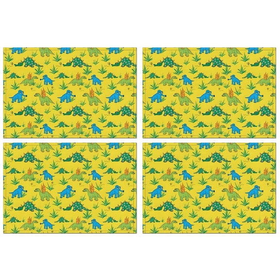 Yellow Dinosaurs Plants Pattern Summer Placemats Table Placemats Set Of 4-Linen Kitchen Washable Placemats Table Mats 11.8"x17.7" Non-Slip Heat Resistant