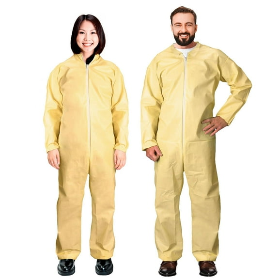 Yellow Disposable Coveralls for Men and Women, 2X-Large. Pack of 5 PP+PE Hazmat Suits with Cut Wrists, Ankles. 82 GSM Waterproof Disposable Painters Coveralls with Zipper Front