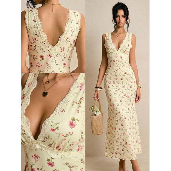 Yellow Ditsy Floral Lace V-Neck Sleeveless Fitted Mermaid Hem Maxi Dress