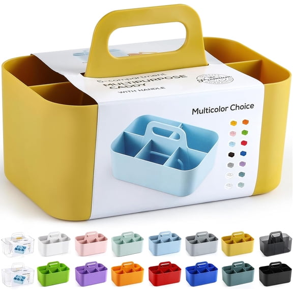 Yellow Divided Plastic Caddy Organizer with Handle Multi-Purpose Storage Bin for Craft Makeup Dorm Office