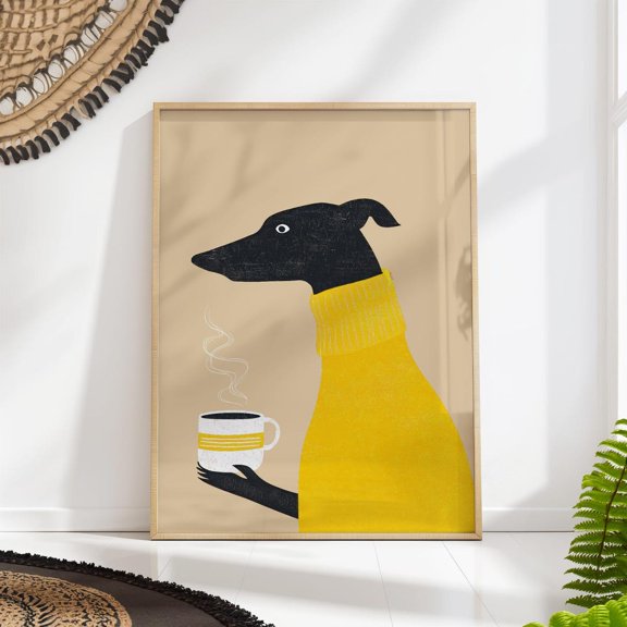 Yellow Dog Coffee Print Whippet Greyhound Kitchen Cafe Decoration Unframed Paper Print
