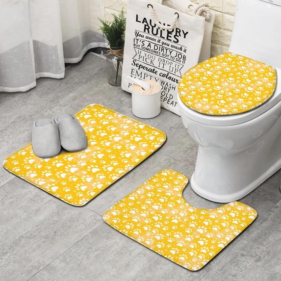 Yellow Dog Paw Footprint Bathroom Rugs Sets 3 Piece,Toilet Cover Set,Absorbent Non Slip Bathroom Mats Sets with U-Shaped Contour Rug Toilet Rug Set