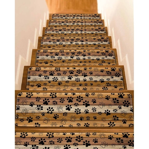 Yellow Dog Paws Stair Treads Non Slip Indoor for Wooden Steps, Farmhouse Vintage Modern Beige Brown Wood 4 Pcs Stair Mats for Elders Dogs, 8 x 30 Inch Carpet Treads Runner Rugs for Staircase
