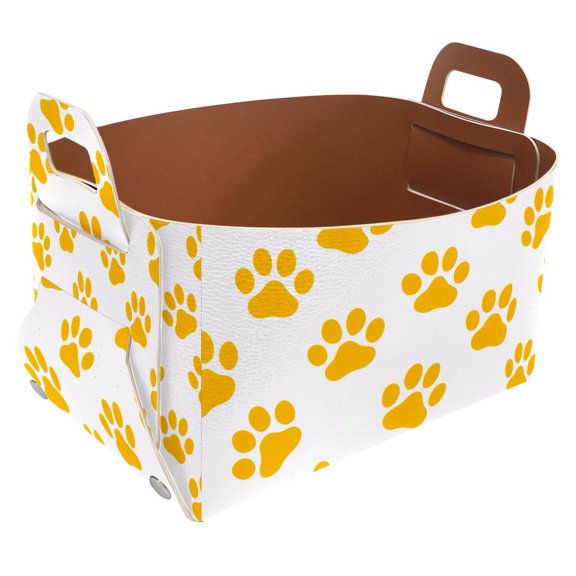 Yellow Dog Paws Storage Basket Collapsible Storage Bin, PU Foldable Basket Convenient Box Storage Organizer with Handles for Shelves Office Bedroom Closet Nursery Toys Laundry