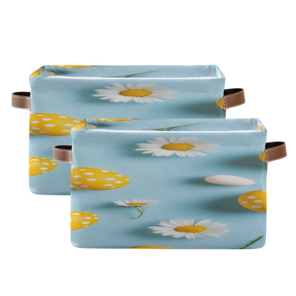Yellow Dot Easter Eggs Daisies Square Storage Bins with Handles Collapsible Containing Box 2 Packs