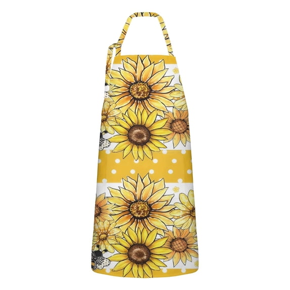 Yellow Dot Sunflower Bee Pattern Apron-Garden Aprons for Women with Pockets-Cotton Linen Waterproof Kitchen Cooking Gardening Aprons Adjustable for Kitchen,Cooking,BBQ and Salon 33x27 Inch