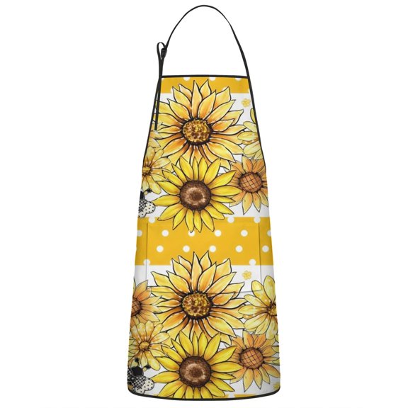 Yellow Dot Sunflower Bee Pattern Apron-Garden Aprons for Women with Pockets-Cotton Linen Waterproof Kitchen Cooking Gardening Aprons Adjustable for Kitchen,Cooking,BBQ and Salon 33x27 Inch