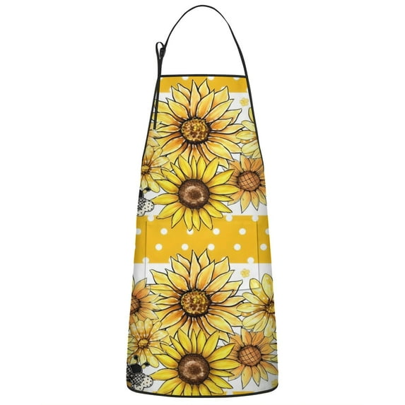 Yellow Dot Sunflower Bee Pattern Apron-Garden Aprons for Women with Pockets-Cotton Linen Waterproof Kitchen Cooking Gardening Aprons Adjustable for Kitchen,Cooking,BBQ and Salon 33x27 Inch