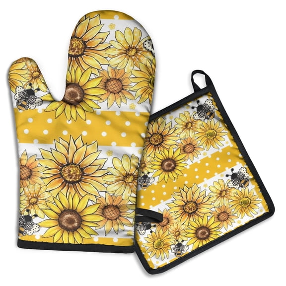 Yellow Dot Sunflower Bee Pattern Kitchen Oven Mitt and Pot Holder Sets 2 Pcs for Baking, Cooking and Grilling, Heat Resistant Up To 392 °F