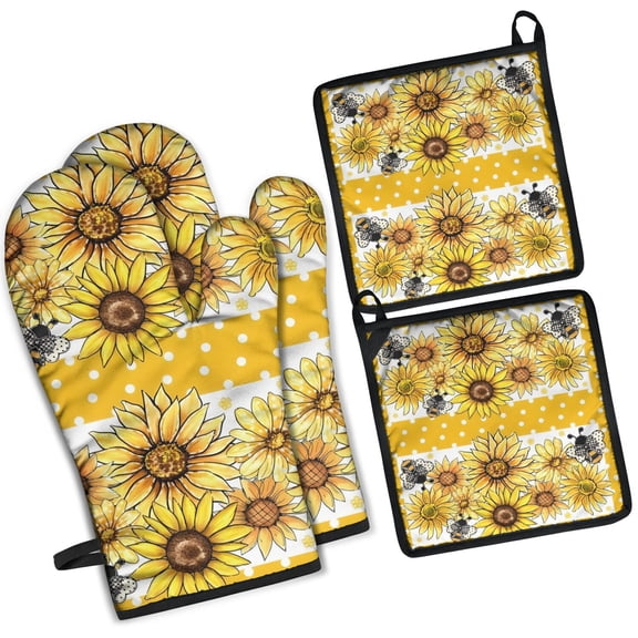 Yellow Dot Sunflower Bee Pattern Kitchen Oven Mitt and Pot Holder Sets 4 Pcs for Baking, Cooking and Grilling, Heat Resistant Up To 392 °F