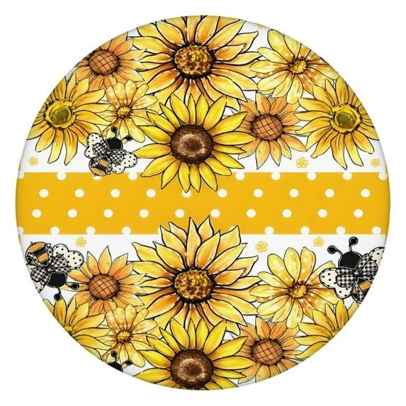 Yellow Dot Sunflower Bee Pattern Round Fitted Tablecloth with Elastic Edge,Dining Table Cover Waterproof,Outdoor Round Tablecloth for Camping,Dining,Indoor and Outdoor