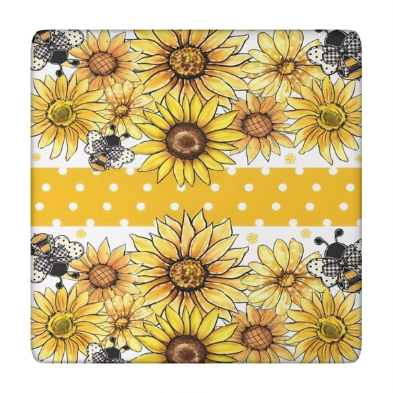Yellow Dot Sunflower Bee Pattern Square Fitted Tablecloth with Elastic Edge,Square Table Cover,Washable Elastic Table Cover for Home Kitchen Party Decor 34"x34"
