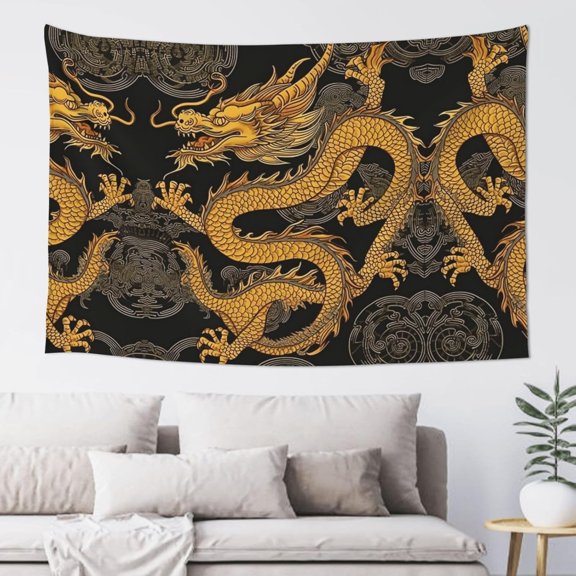 Yellow Dragon Black Background Tapestry Aesthetic Wall Hanging Tapestries 60'' x 40'' Boho Tapestries Vertical Wall Art Decorative Funny Vintage Poster Flag Tapestry for Bedroom Living Room Decor