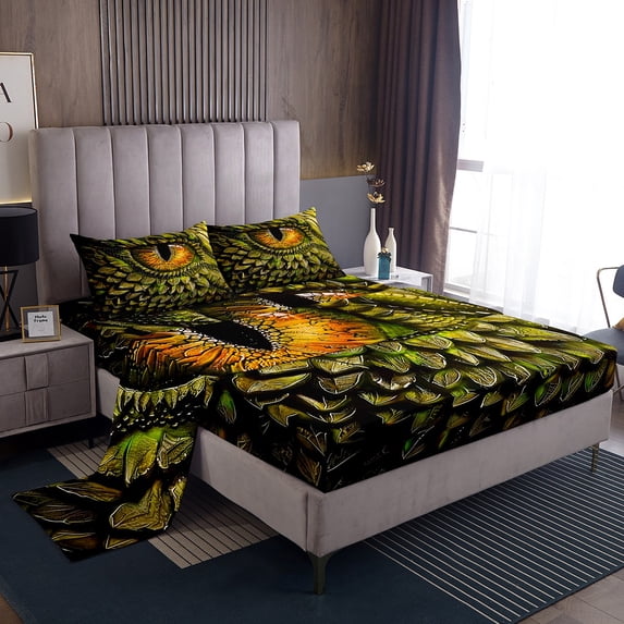 Yellow Dragon Eye Bed Sheets Set Vintage 3D Dragon Queen Sheet Set,Gothic Sheets Mythical Animal Bed Set,Artistic Fantasy Room Decor Aesthetic