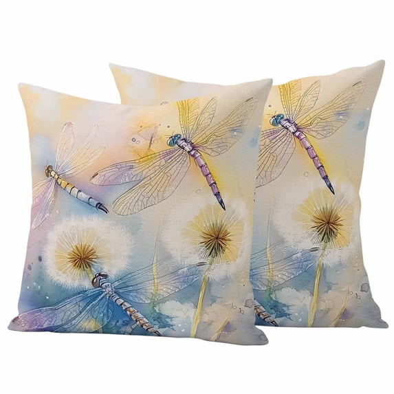Yellow Dragonfly Outdoor Waterproof Pillow Covers, Spring Floral Watercolor Decorative Square Throw Pillowcase Sofa Cushion Sham for Patio/Couch/Chair, 16"x16" 2 Pack