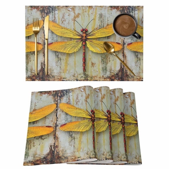 Yellow Dragonfly Placemats Set of 12 Vintage Country Wooden Grain Aesthetic Place Mats Indoor Wipeable Table Mats Washable Cloth Dining Table Placemats for Kitchen Holiday Party Home Decor 13x19 Inch