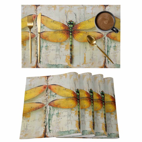 Yellow Dragonfly Placemats Set of 6 Vintage Rustic Chic Animals Aesthetic Place Mats Indoor Wipeable Table Mats Washable Cloth Dining Table Placemats for Kitchen Holiday Party Home Decor 13x19 Inch
