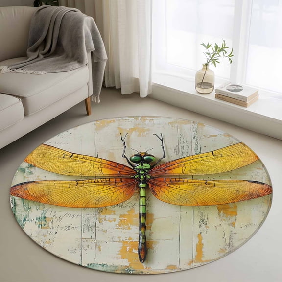 Yellow Dragonfly Round Area Rug 4ft, Vintage Rustic Chic Animals Aesthetic Washable Non-Slip Circle Rugs for Bedroom Living Room Kitchen, Soft Non Shedding Circle Carpet for Dining Room Dorm