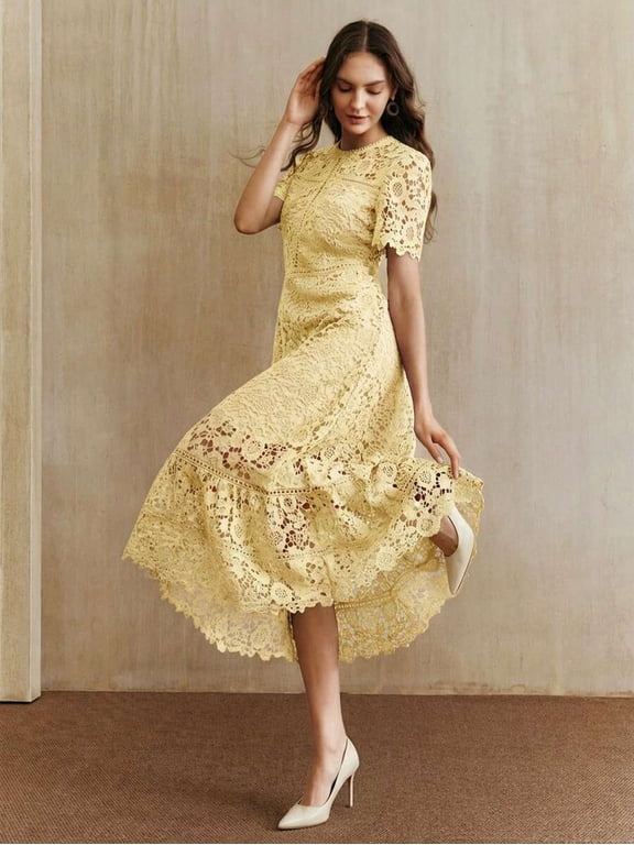 Yellow Dress With Short Sleeve And High-Low Ruffled Hem
