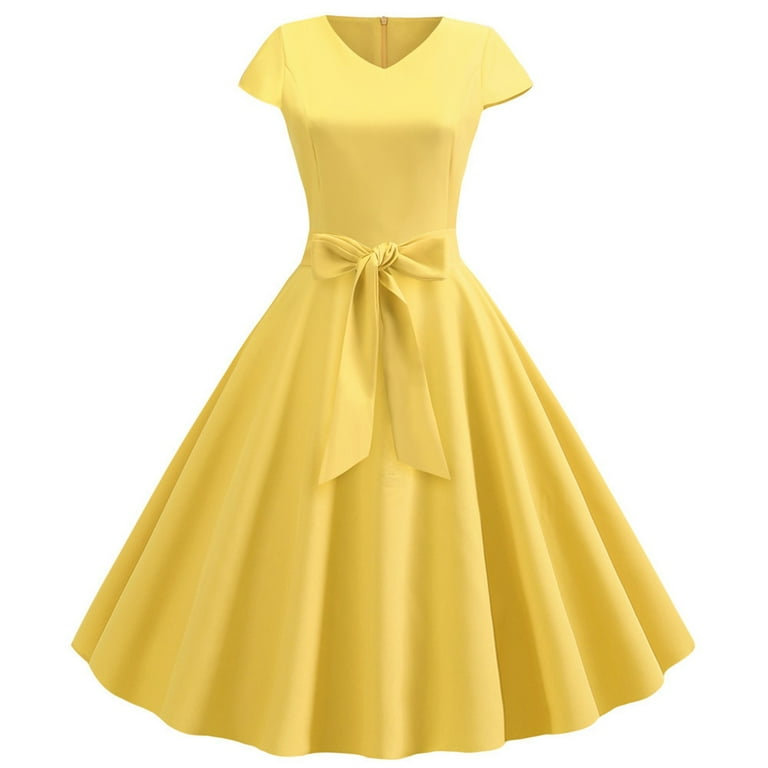 ZICTH Yellow Dresses Vintage V Neck Short Sleeve Solid Color Casual Dress Cocktail Evening Dress Prom Dresses 2024, Women's, Size: XL