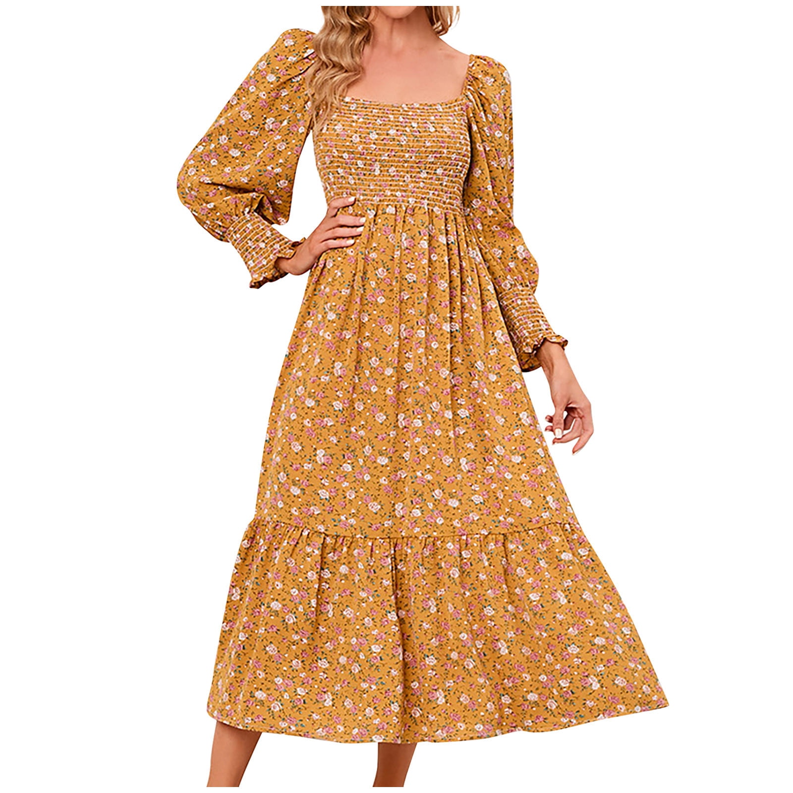 XINUO Womens Dresses Green Floral Maxi Dress V Neck High