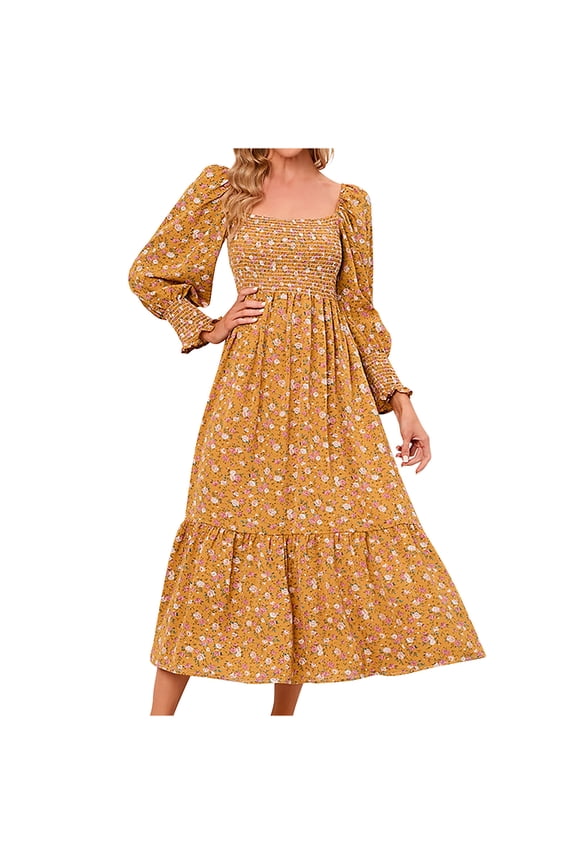 Yellow Dresses for Women Puff Long Sleeve Printing Floral Pattern Holiday Dress Square Neck Fit And Flare Trendy Vacation Casual Sun Dress Maxi Fashion Daily A-Line Blouse Pleated Swing Hem Dress,XXL