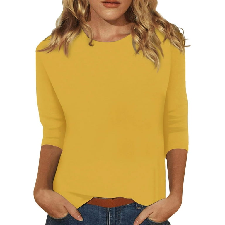 Yellow Dressy Tops for Women Polyester Spring Clothes for Women 2024 3 4 Sleeve Popular Womens Clothes 2024 Womens Oversized Tee Shirts Solid