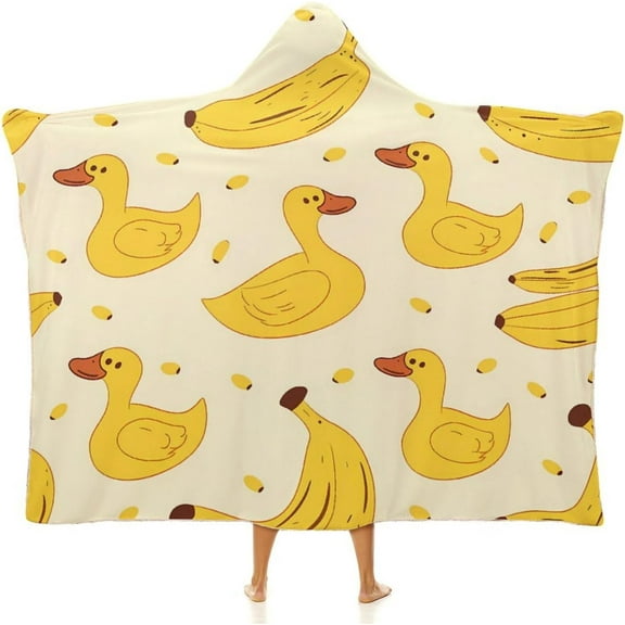 Yellow Duck And Bananas Wearable Hooded Blanket Fleece Throw Blanket Cloak Wrap for Adults Winter