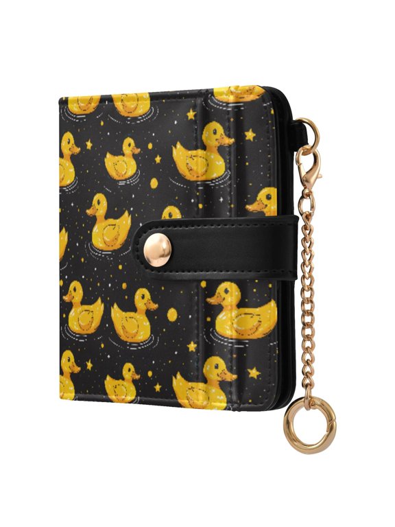 Yellow Duck on Black Background Small Wallet for Women RFID Blocking Bifold PU Leather Credit Card Holder with Zipper Coin Pocket Compact Cute Travel Purse Magnetic Snap 7 Card Slots