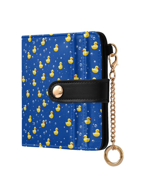Yellow Duck and Bubbles Small Wallet for Women RFID Blocking Bifold PU Leather Credit Card Holder with Zipper Coin Pocket Compact Cute Travel Purse Magnetic Snap 7 Card Slots