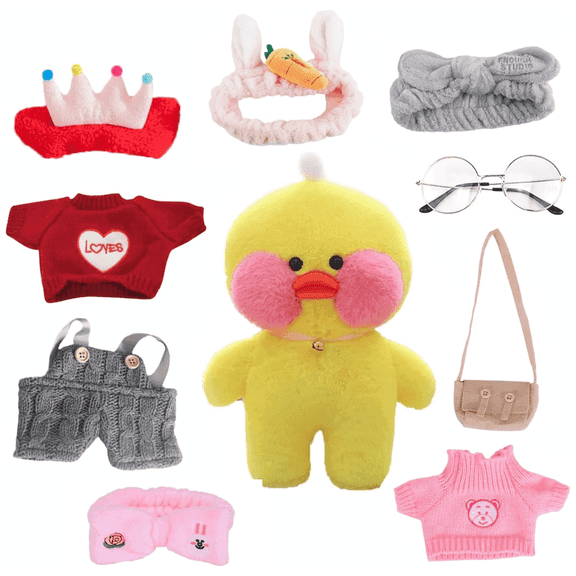 Yellow Duck Clothes Sets Plush 12 Inches With 9 Accessories, Cute Stuffed Animal Glasses and Clothing, Plush Toy with Cute Costume for Christmas