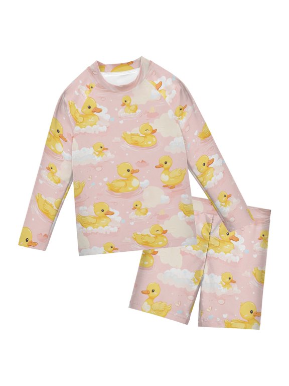 Yellow Duck Cloud Pattern Boys' Bathing Suit UPF 50+ Boys' Rash Guard Sets Stretchy Quick Dry 3T-10T