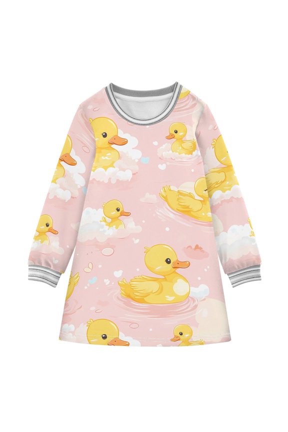 Yellow Duck Cloud Pattern Girls'long-sleeved dress Thickened A-dress Warm Dress Basic Shirt Party Dresses