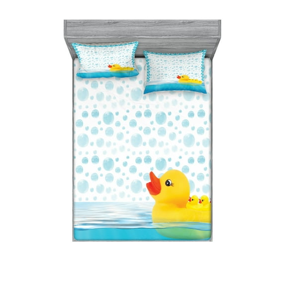 Yellow Duck Fitted Sheet & Pillow Sham Set, Funny Swimming Rubber Animal on Water with Bubbles and Waves Print, Decorative Printed 6 Piece Bedding Decor Set, Queen, Sky Blue Yellow White, by Ambesonne