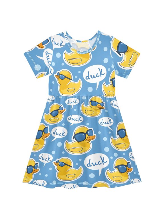 Yellow Duck Pattern Girls Short Sleeve Dress A Line Sun Protection Breathable Comfort Sundress 5-6T