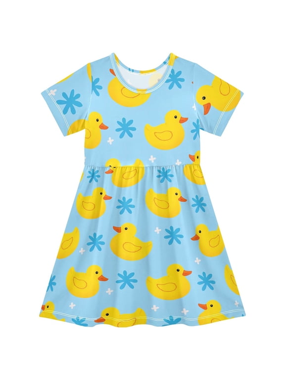 Yellow Duck Pattern Girls Short Sleeve Dress A Line Sun Protection Breathable Comfort Sundress 5-6T